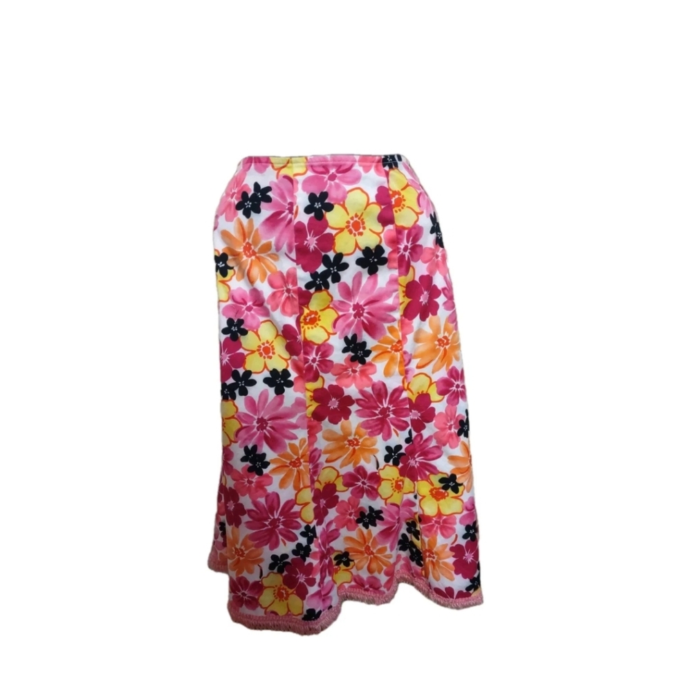 MDL New York Women's Sz 8 A-Line Skirt  Fringe Hem Bright Floral Dopamine Y2K